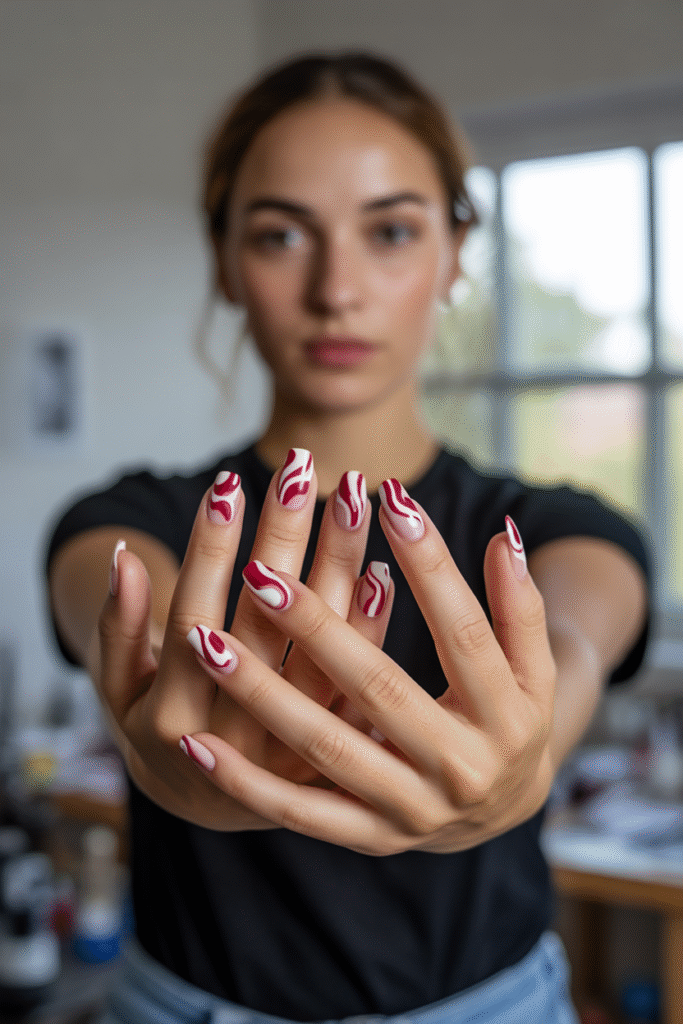 14 Stunning Red Nail Designs to Elevate Your Style 9 Abstract Red Swirls