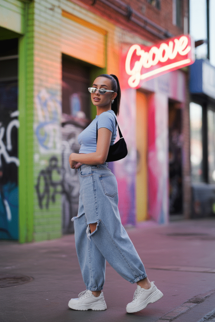 Baggy Jeans Outfit Ideas: Your Complete Style Guide for 2025 13 Baby Tee and Platform Sneakers