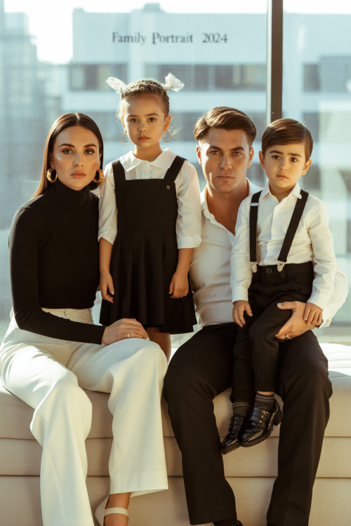 14 Fall Family Photo Outfits Ideas for Picture-Perfect Memories 10 Black and White with Metallic Accents