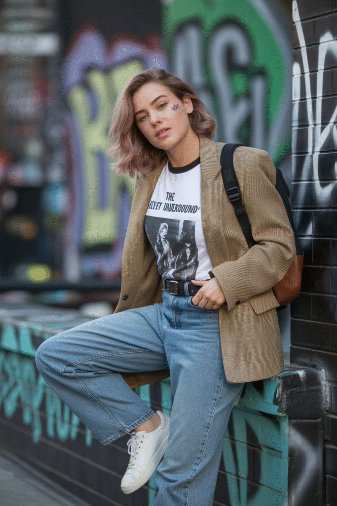 17 Trendy Fall Outfit Ideas to Refresh Your Wardrobe 12 Blazer and Graphic Tee