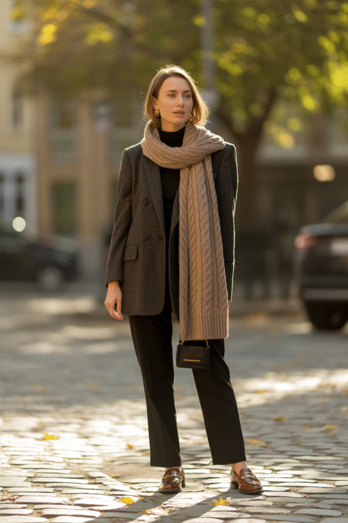13 Fierce Fall Layered Outfits: Stay Toasty, Look Fabulous and Slay 13 Blazer with a Chunky Scarf