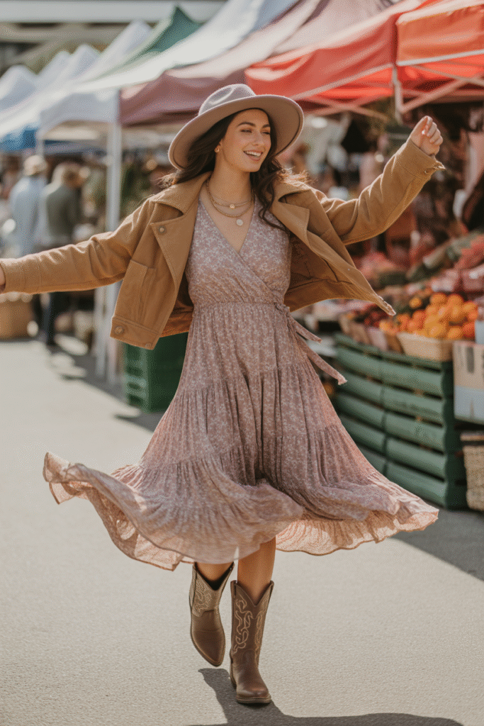 16 Fall Outfits With Cowgirl Boots to Elevate Your Autumn Wardrobe 2 Boho Chic Midi Dress Ensemble