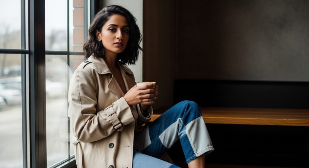 Patchwork Denim Jeans: How to Style and Why They’re Making a Major Comeback 2025 3 Cafe Window Shot – Trench and Patchwork Jeans