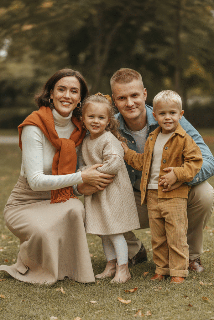 14 Fall Family Photo Outfits Ideas for Picture-Perfect Memories 2 Classic Neutrals with a Pop of Color