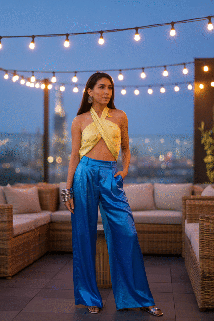 10 Stylish Party Outfits Ideas for Women to Elevate Your Look 9 Cobalt Satin Wide Legs and Tie Back Halter