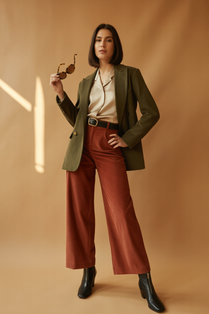 12 Fall Outfits With Boots: Stylish and Cozy Looks You’ll Love 9 Corduroy Pants and Blazer and Ankle Boots