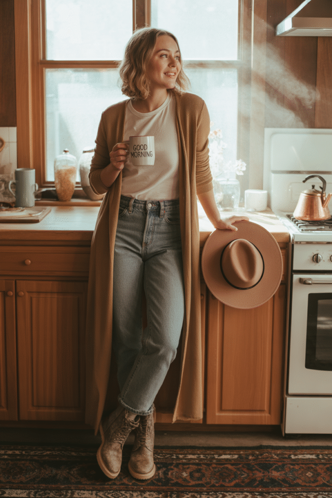16 Fall Outfits With Cowgirl Boots to Elevate Your Autumn Wardrobe 12 Cozy Cardigan and Jeans Combo