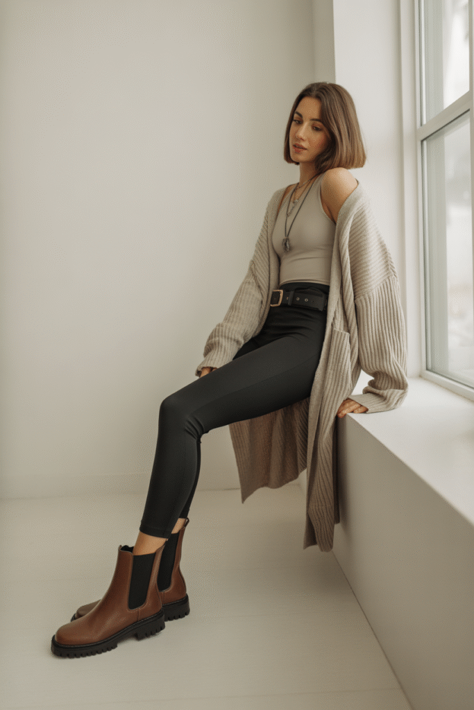 12 Fall Outfits With Boots: Stylish and Cozy Looks You’ll Love 5 Cozy Cardigan and Leggings and Chelsea Boots