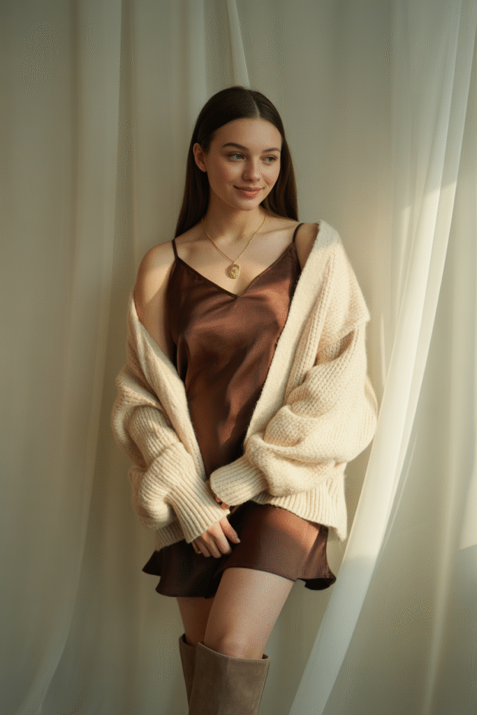 17 Trendy Fall Outfit Ideas to Refresh Your Wardrobe 6 Cozy Cardigan and Slip Dress