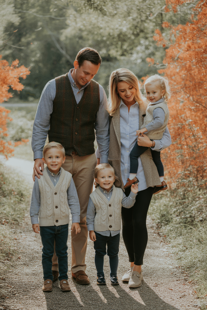 14 Fall Family Photo Outfits Ideas for Picture-Perfect Memories 9 Cozy Knit Vests and Collared Layers