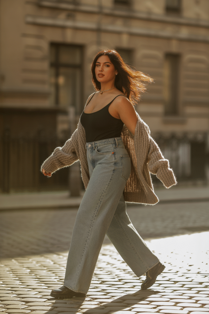 Baggy Jeans Outfit Ideas: Your Complete Style Guide for 2025 10 Curvy Bodysuit and Cardigan