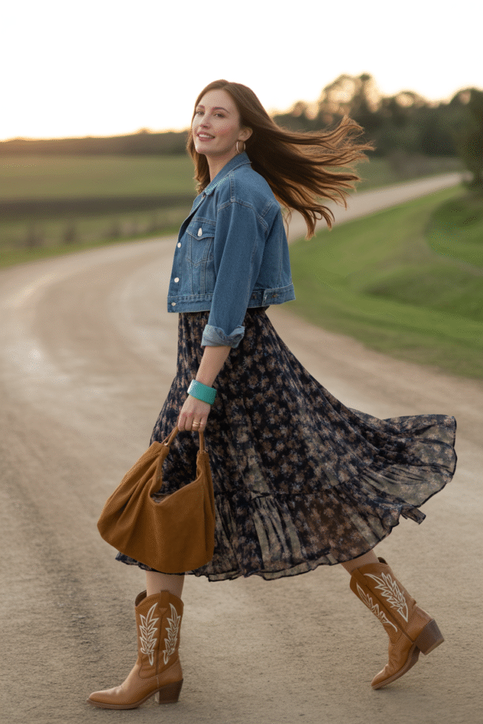 12 Fall Outfits With Boots: Stylish and Cozy Looks You’ll Love 6 Denim Jacket and Midi Dress and Western Boots