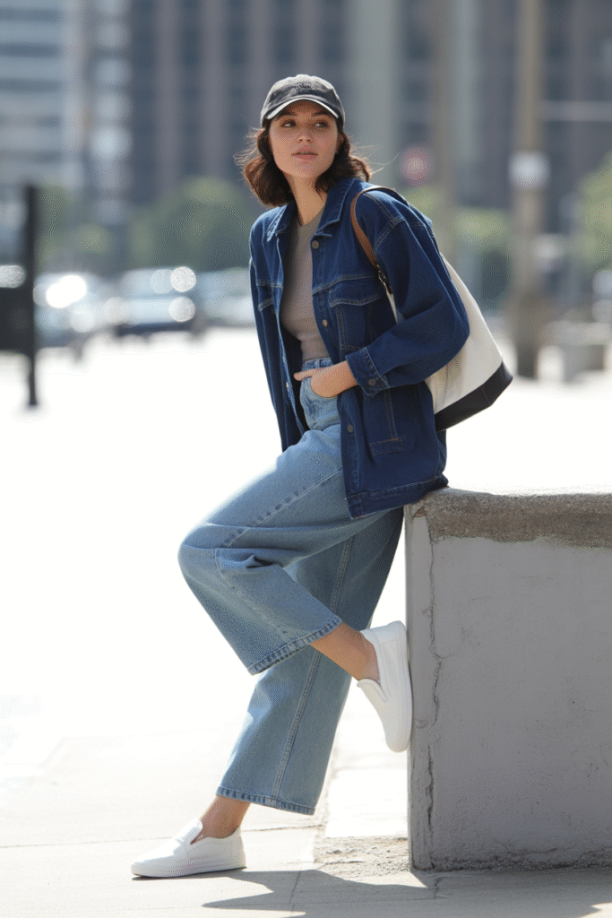 Denim Jacket and Slip On Sneakers