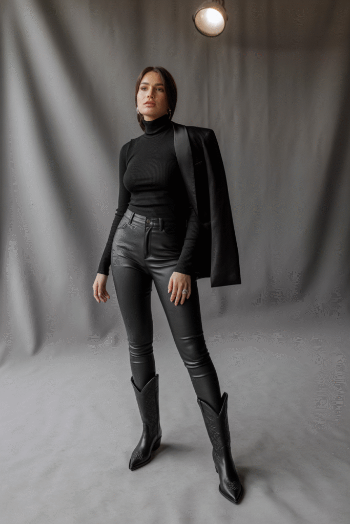 16 Fall Outfits With Cowgirl Boots to Elevate Your Autumn Wardrobe 11 Edgy All Black Monochrome Outfit
