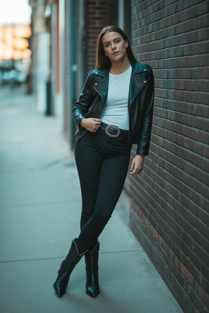 16 Fall Outfits With Cowgirl Boots to Elevate Your Autumn Wardrobe 3 Edgy Leather and Denim Combo