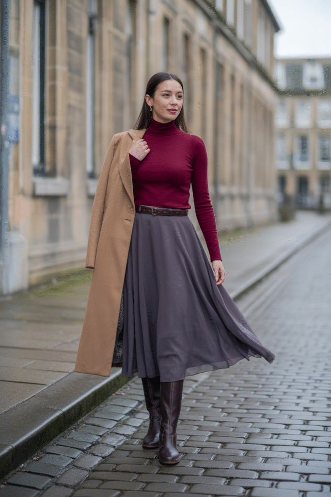 16 Fall Outfits With Cowgirl Boots to Elevate Your Autumn Wardrobe 15 Elegant Turtleneck and Midi Skirt Combination
