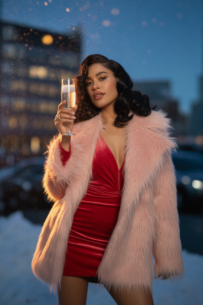 Faux Fur Coat Over Mini Dress