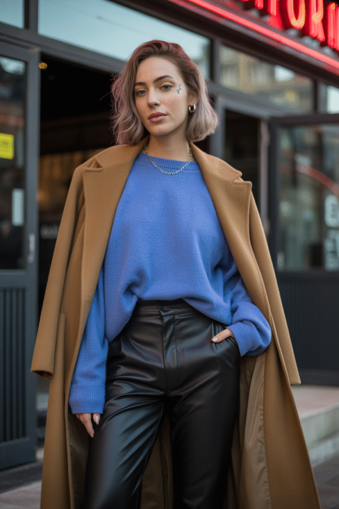 17 Trendy Fall Outfit Ideas to Refresh Your Wardrobe 13 Faux Leather Pants and Sweater