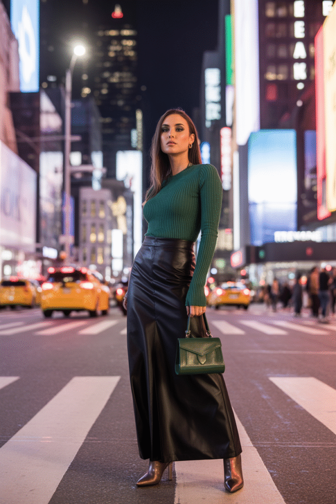 Faux Leather Skirt and Ribbed Top