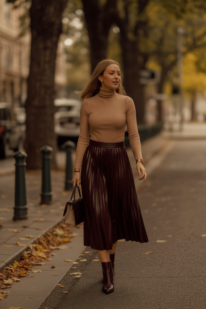 Fitted Turtleneck and Pleated Skirt