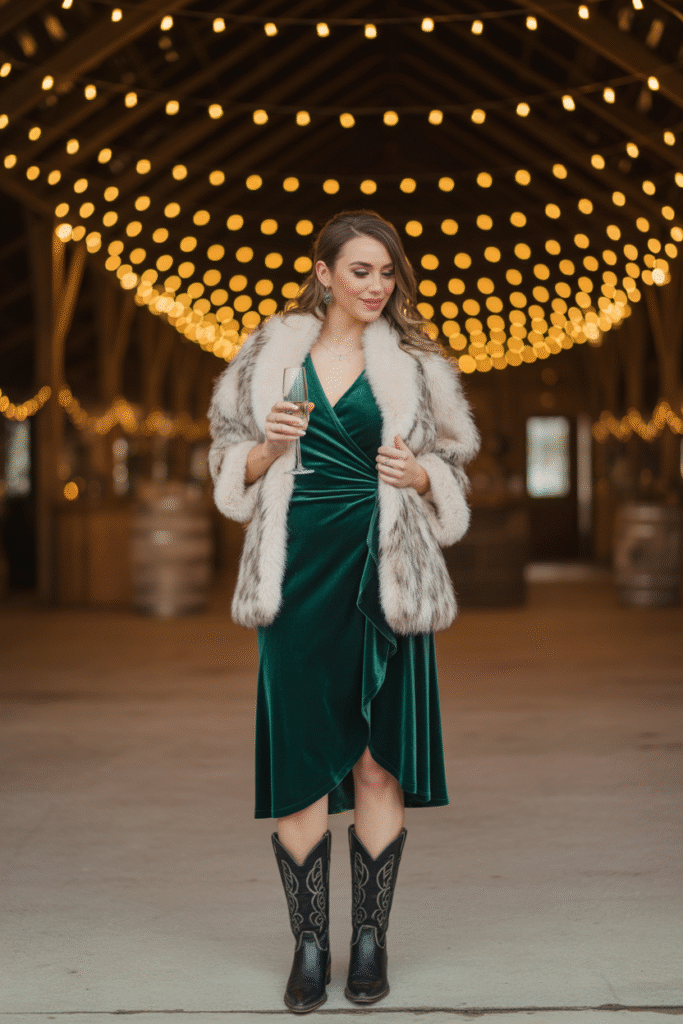 16 Fall Outfits With Cowgirl Boots to Elevate Your Autumn Wardrobe 6 Glamorous Velvet and Boots Ensemble
