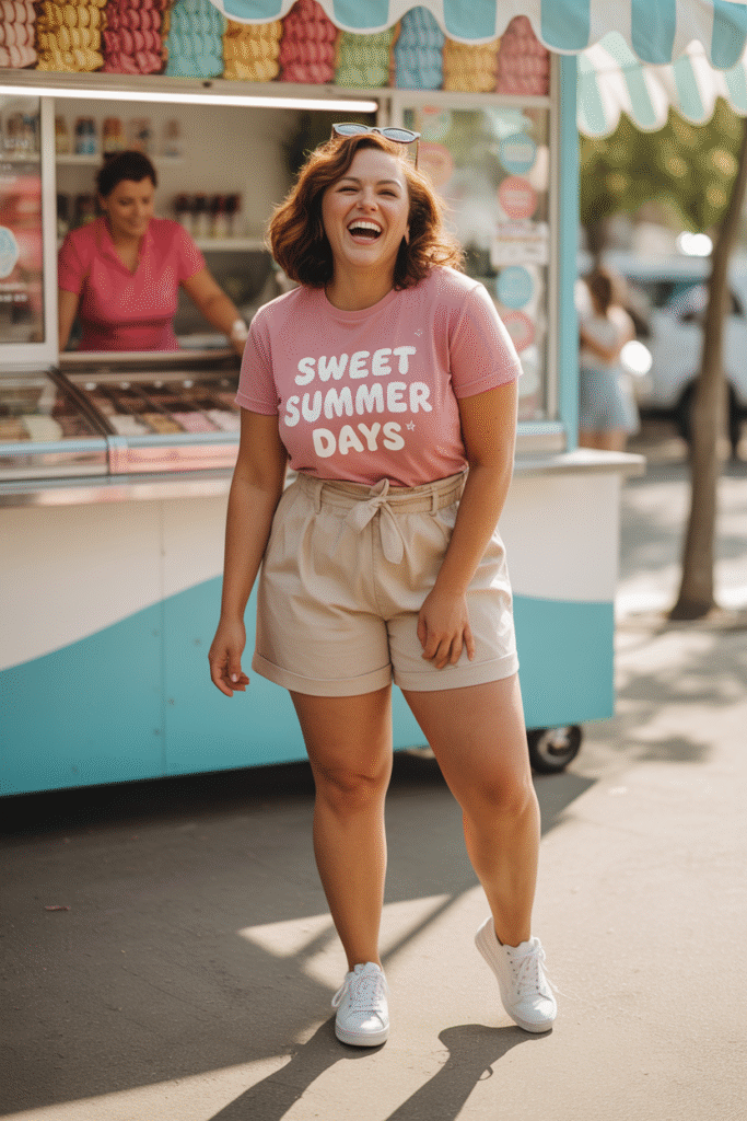 Graphic Tee with Paperbag Waist Shorts