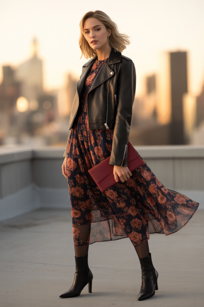 Leather Jacket and Floral Midi Dress