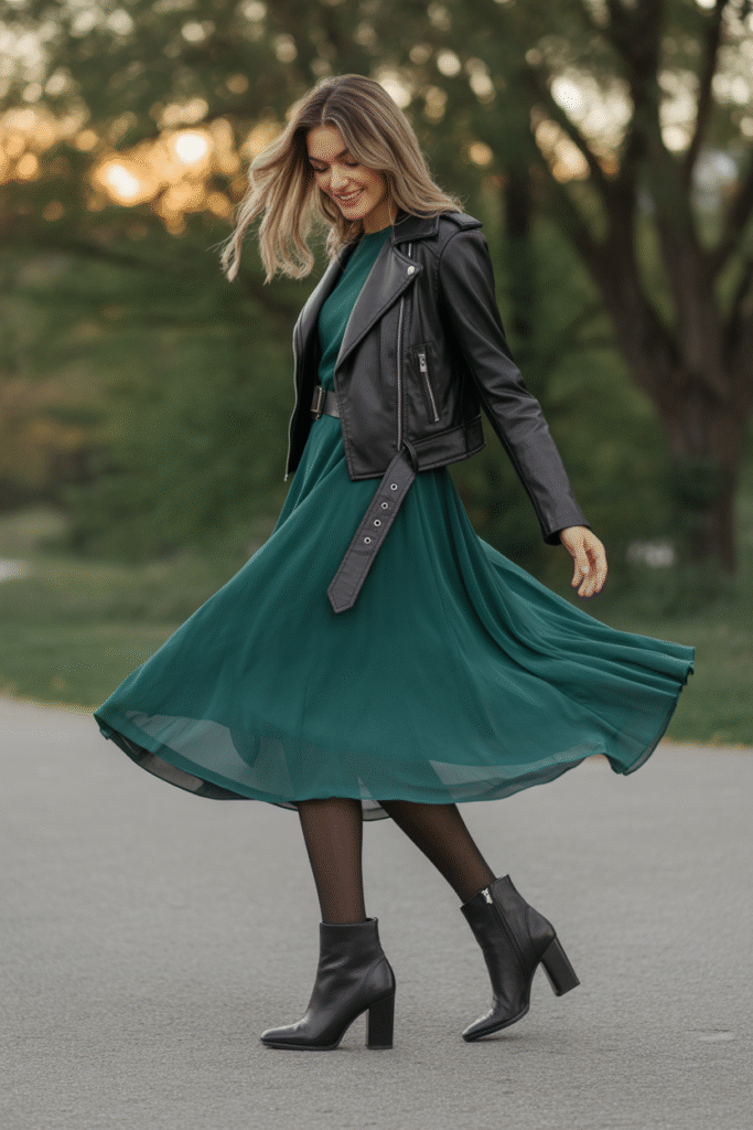 17 Trendy Fall Outfit Ideas to Refresh Your Wardrobe 4 Leather Jacket and Midi Dress
