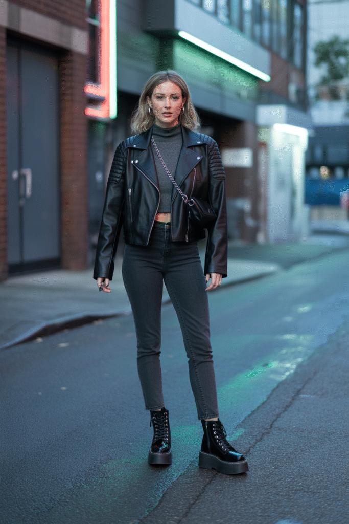 12 Fall Outfits With Boots: Stylish and Cozy Looks You’ll Love 3 Leather Jacket and Skinny Jeans and Combat Boots