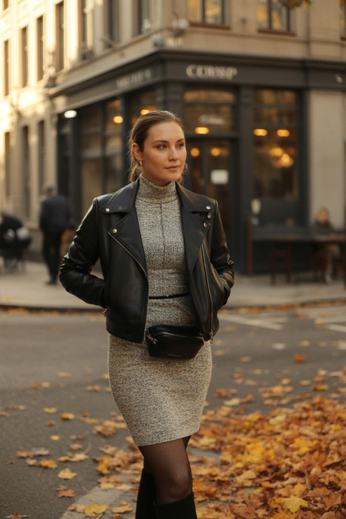 13 Fierce Fall Layered Outfits: Stay Toasty, Look Fabulous and Slay 5 Leather Jacket and Thin Knit Dress