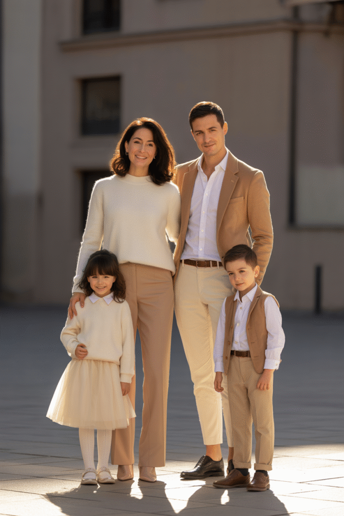 14 Fall Family Photo Outfits Ideas for Picture-Perfect Memories 7 Monochromatic Elegance in Camel and Cream