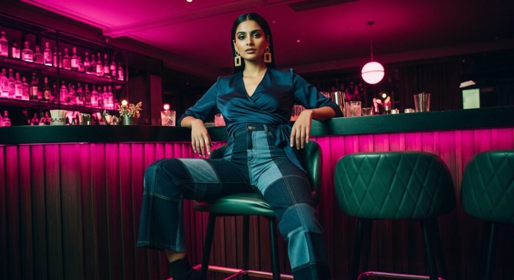 Patchwork Denim Jeans: How to Style and Why They’re Making a Major Comeback 2025 12 Night Out Bar Look Indigo Patchwork Trousers