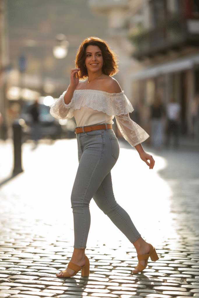 Off the Shoulder Tops with High Rise Jeans
