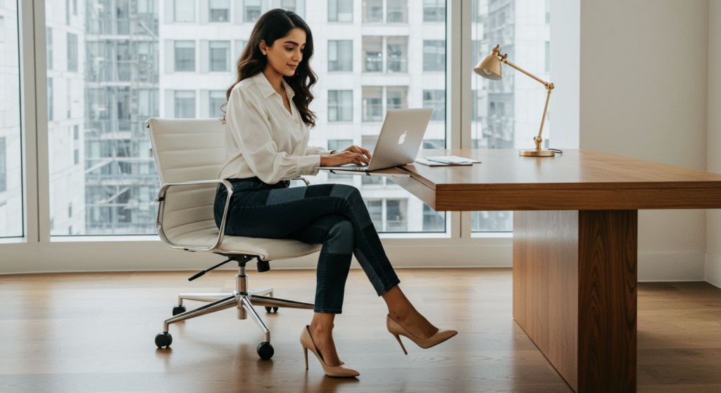 Patchwork Denim Jeans: How to Style and Why They’re Making a Major Comeback 2025 4 Office Chic Dark Cigarette Patchwork Jeans