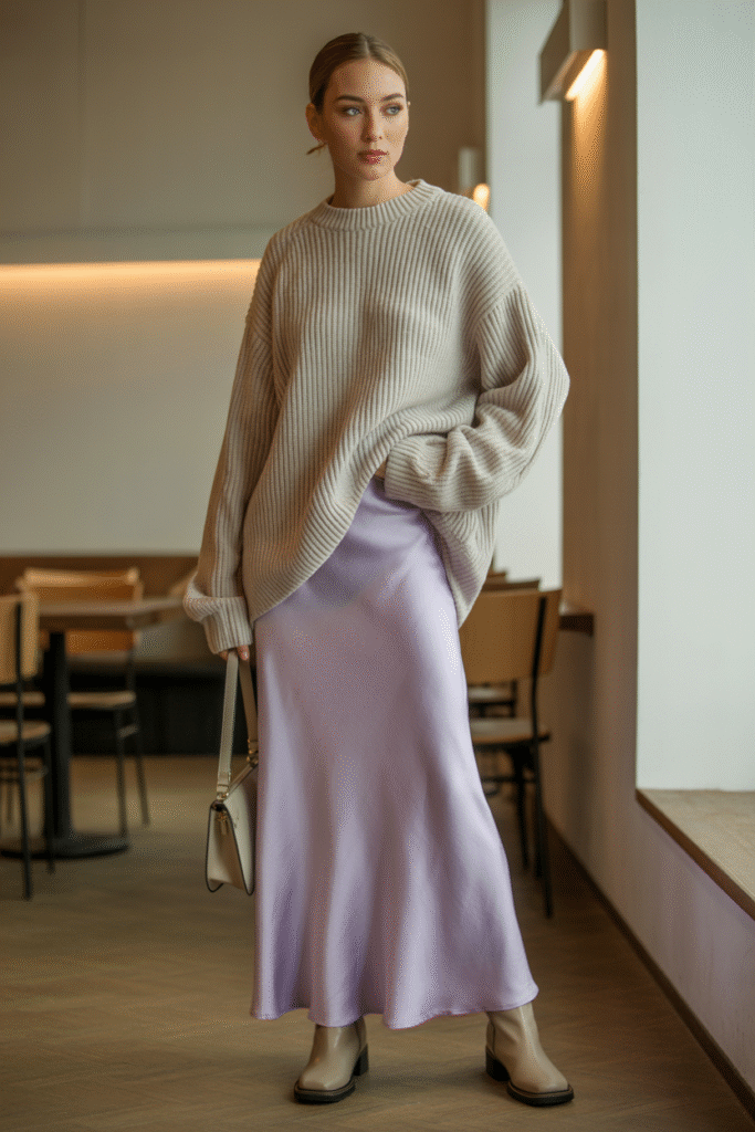 Oversized Sweater With a Satin Maxi Skirt
