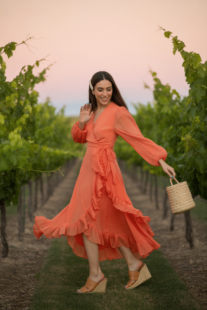 10 Stylish Party Outfits Ideas for Women to Elevate Your Look 5 Papaya Ruffled Wrap Dress and Raffia Wedges