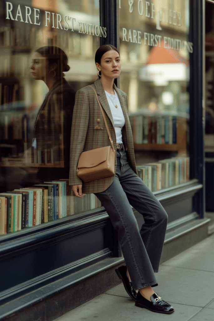 17 Trendy Fall Outfit Ideas to Refresh Your Wardrobe 3 Plaid Blazer and Denim