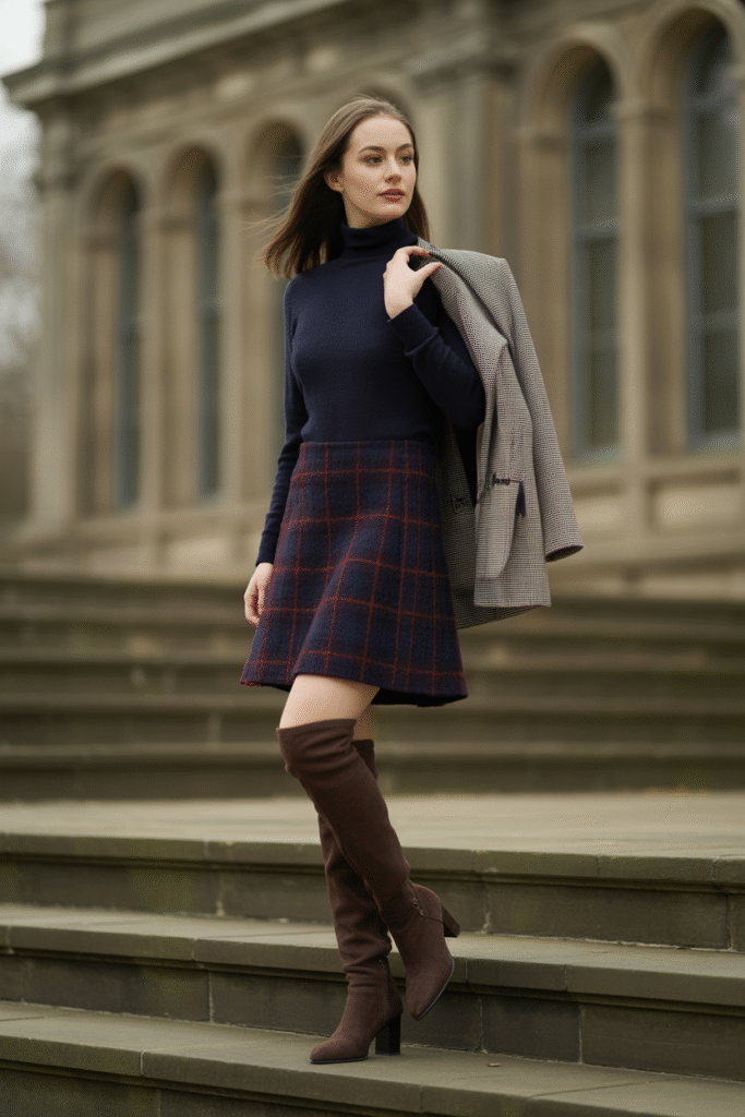 12 Fall Outfits With Boots: Stylish and Cozy Looks You’ll Love 4 Plaid Skirt and Over the Knee Boots