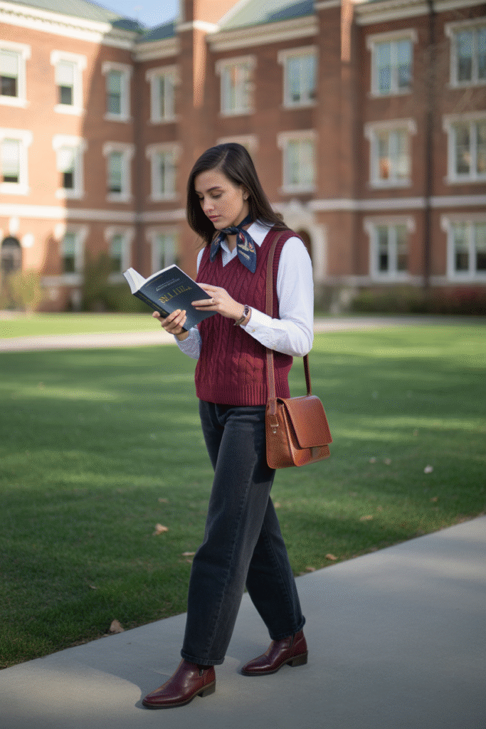 16 Fall Outfits With Cowgirl Boots to Elevate Your Autumn Wardrobe 8 Preppy Sweater Vest Combination