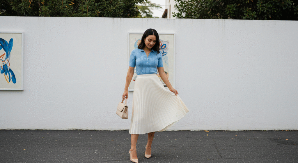 18 Spring Outfit Ideas to Refresh Your Wardrobe in 2026 7 Ribbed Knit Polo with Pleated Midi Skirt