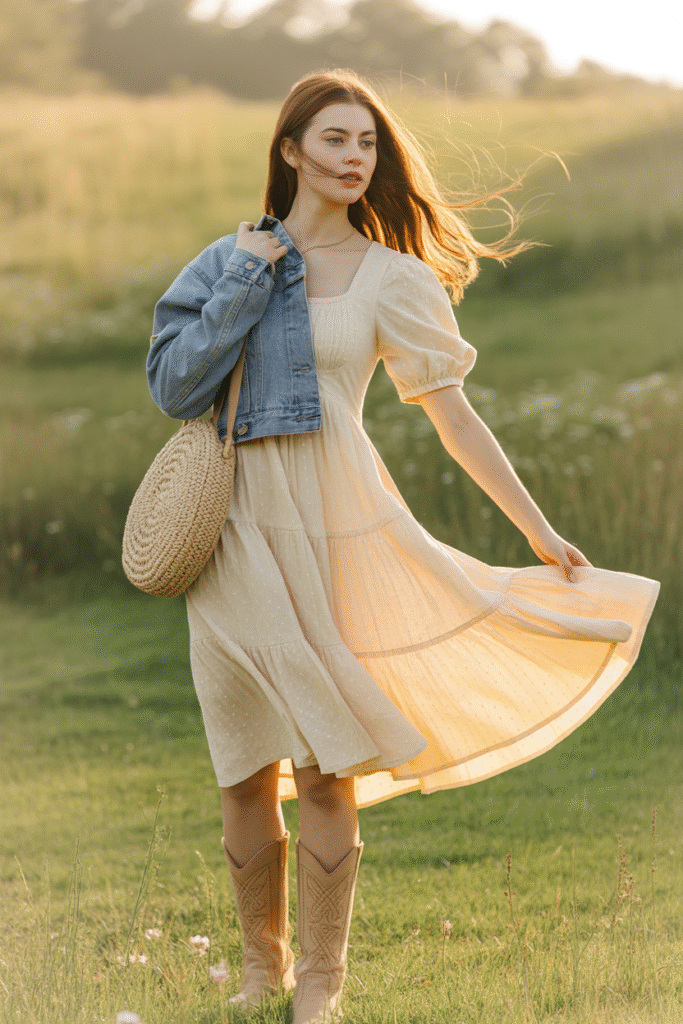 16 Fall Outfits With Cowgirl Boots to Elevate Your Autumn Wardrobe 10 Romantic Prairie Dress Ensemble