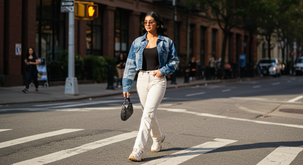 Patchwork Denim Jeans: How to Style and Why They’re Making a Major Comeback 2025 2 Soho Street Style Patchwork Denim Jacket Look