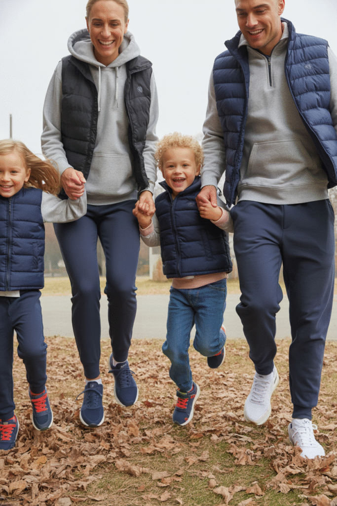 14 Fall Family Photo Outfits Ideas for Picture-Perfect Memories 12 Sporty Casual with Puffer Vests and Sneakers