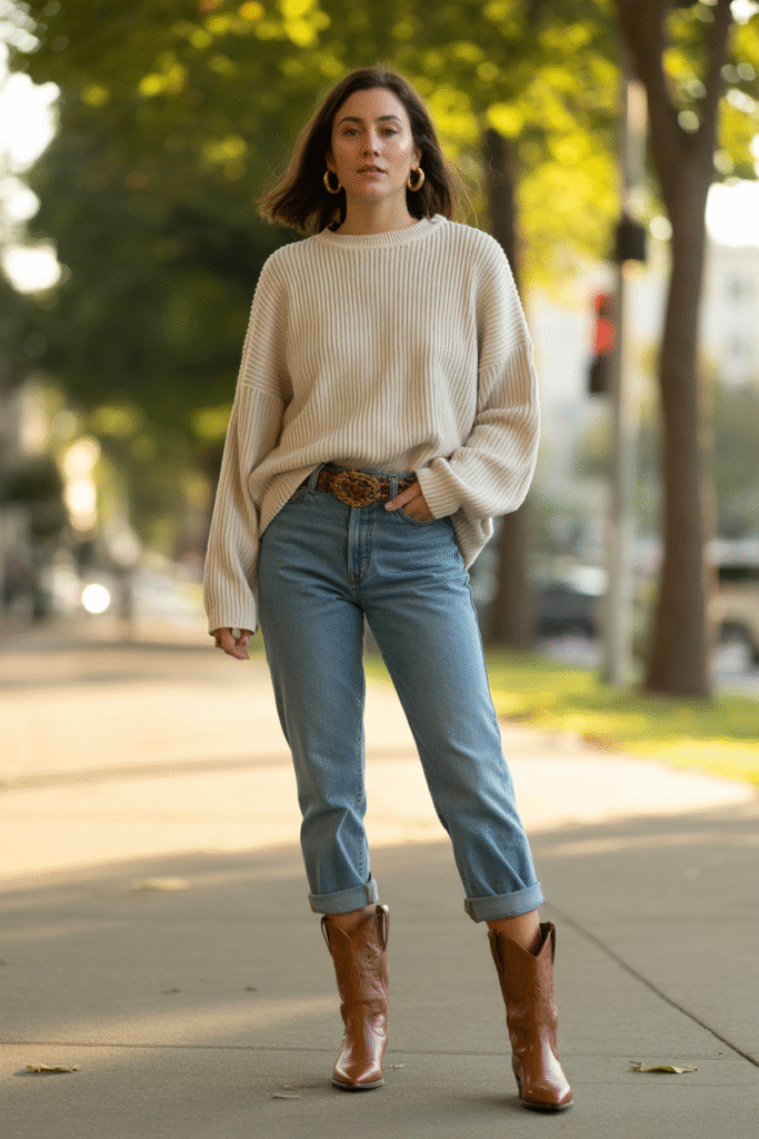16 Fall Outfits With Cowgirl Boots to Elevate Your Autumn Wardrobe 1 The Cozy Knit and Denim Classic