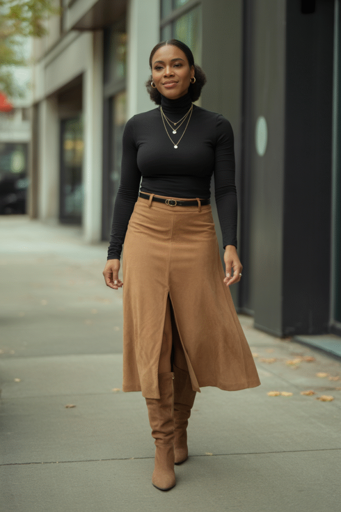 Turtleneck and Midi Skirt Combo