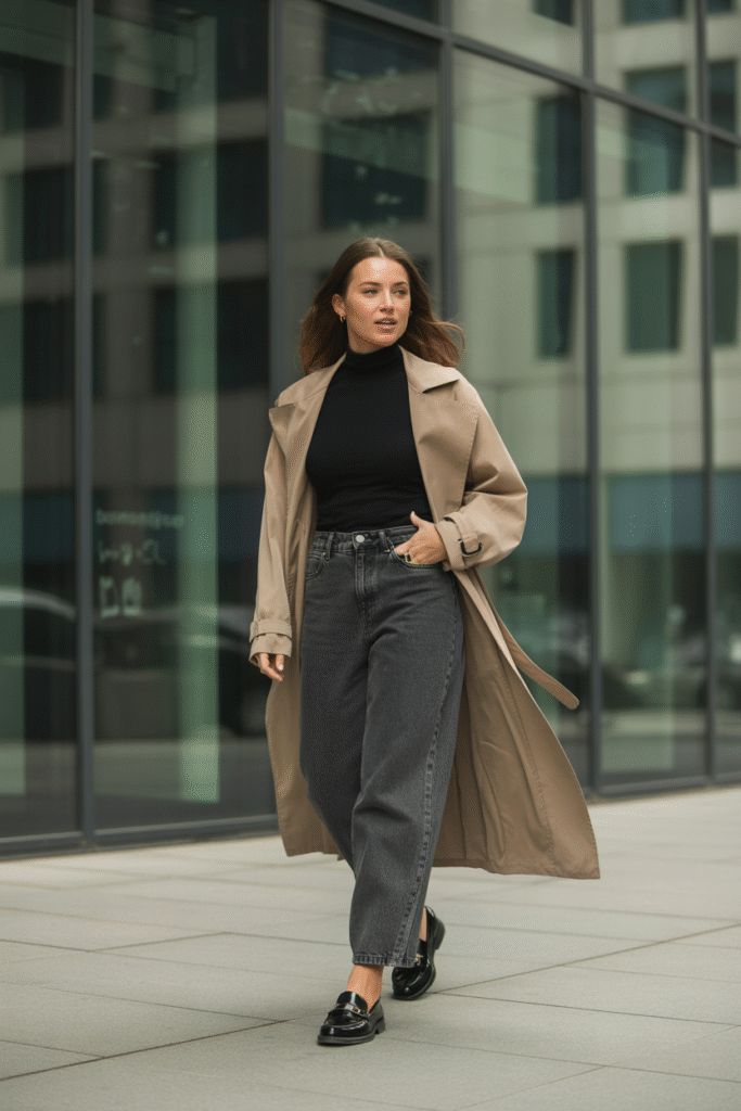 Baggy Jeans Outfit Ideas: Your Complete Style Guide for 2025 15 Turtleneck and Trench Coat 1