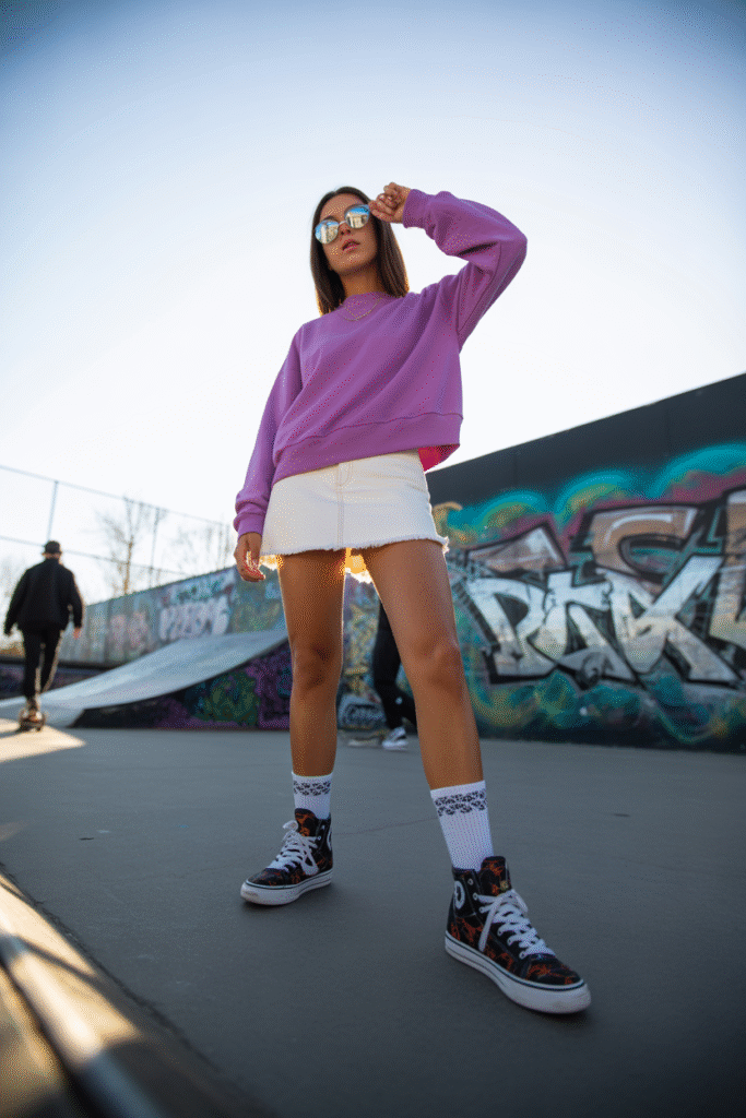 White Denim Mini and Oversized Sweatshirt