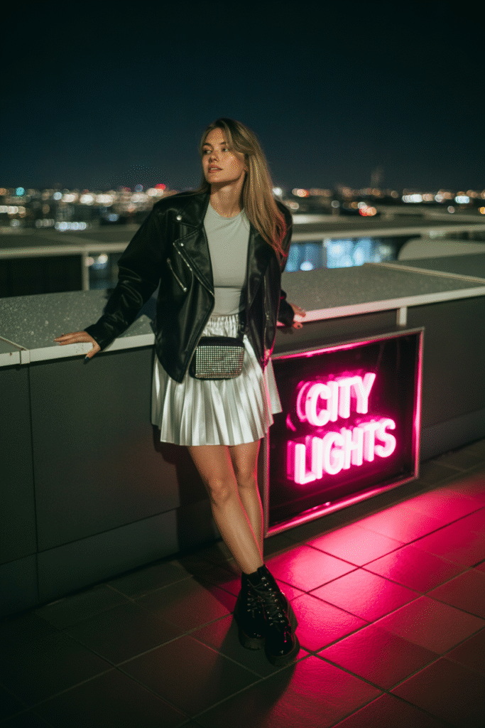 White Pleated Skirt and Leather Jacket
