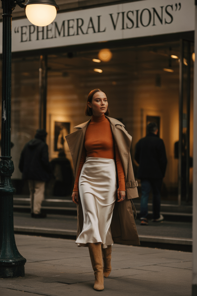 White Satin Midi and Rust Turtleneck