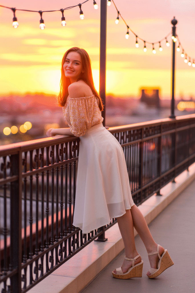 White Skirt and Floral Off Shoulder Top
